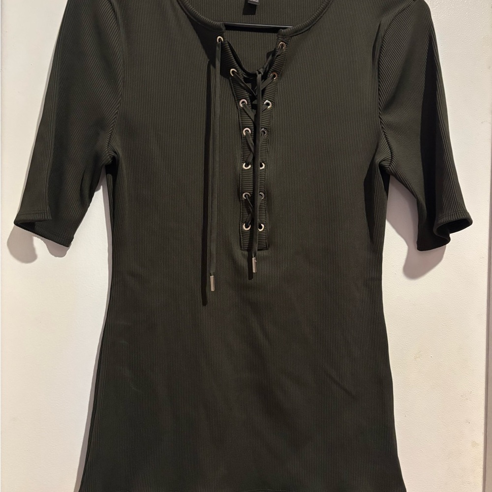 White House Black Market Black Fitted Tie Front Blouse